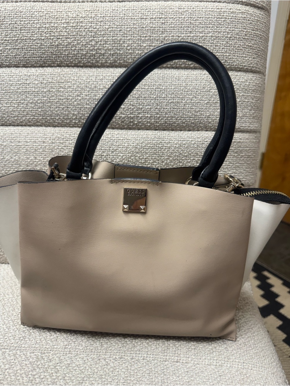 GUESS Beige, Black & White Colorblock Tote